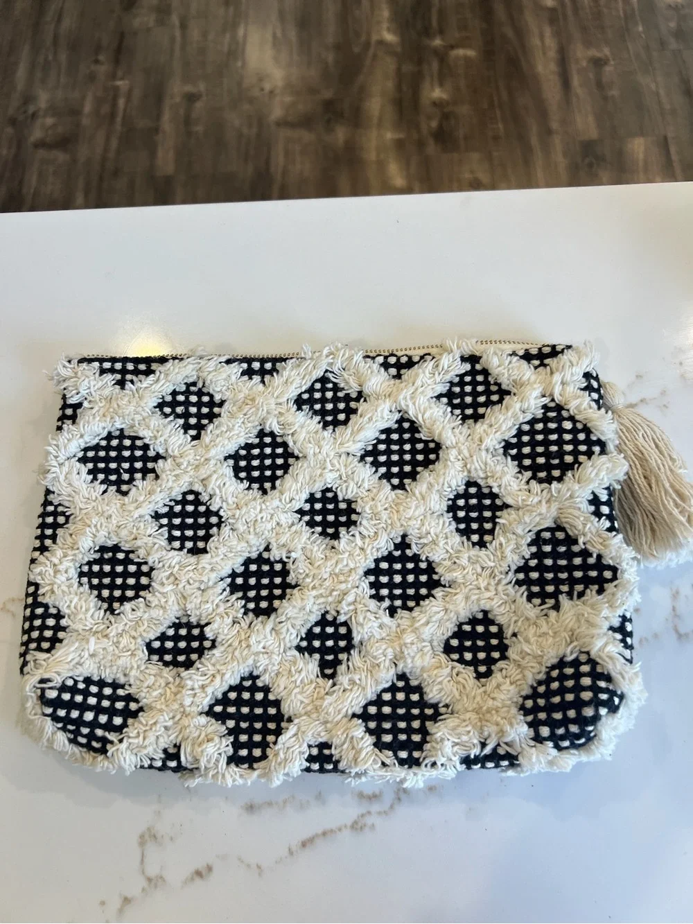 Anthropologie White Quilted Cosmetic Pouch with Gold Zipper